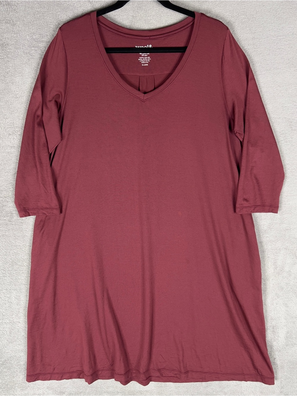 Wool& Willow Swing V-Neck Dress Women's XL Long Pockets 3/4 Sleeve Burgundy